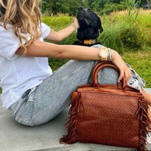 Latico Grit Woven Leather Crossbody Bag with Fringe in Cognac.
